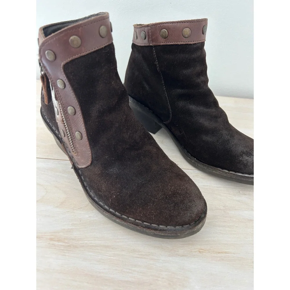 Fly London Brown Suede Studded Ankle Boots Leather Trim Portugal 38 Women's 7.5